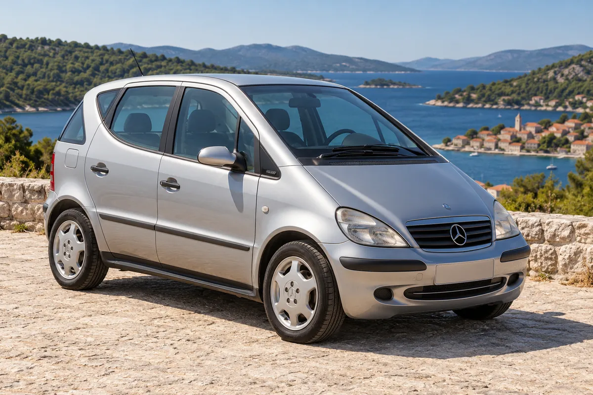Silver Mercedes-Benz A-Class parked by the sea