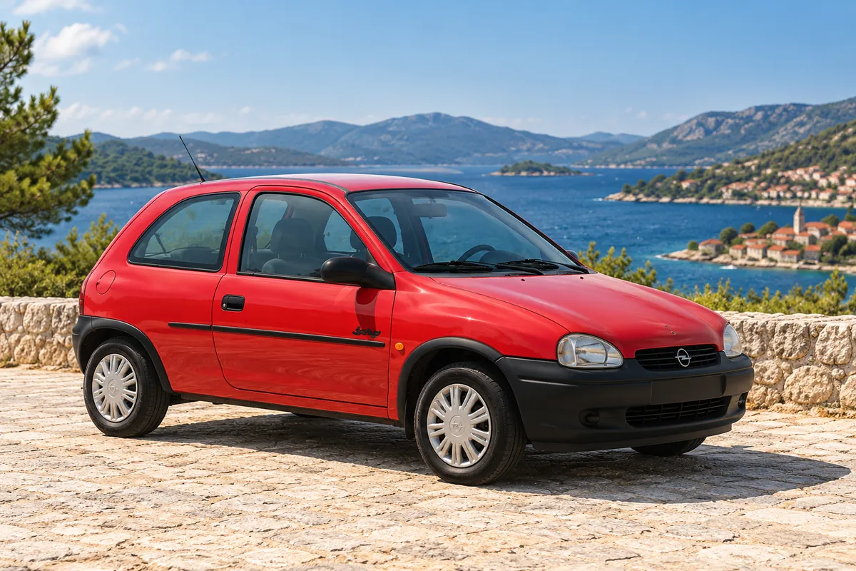 Red Opel Corsa parked by the sea