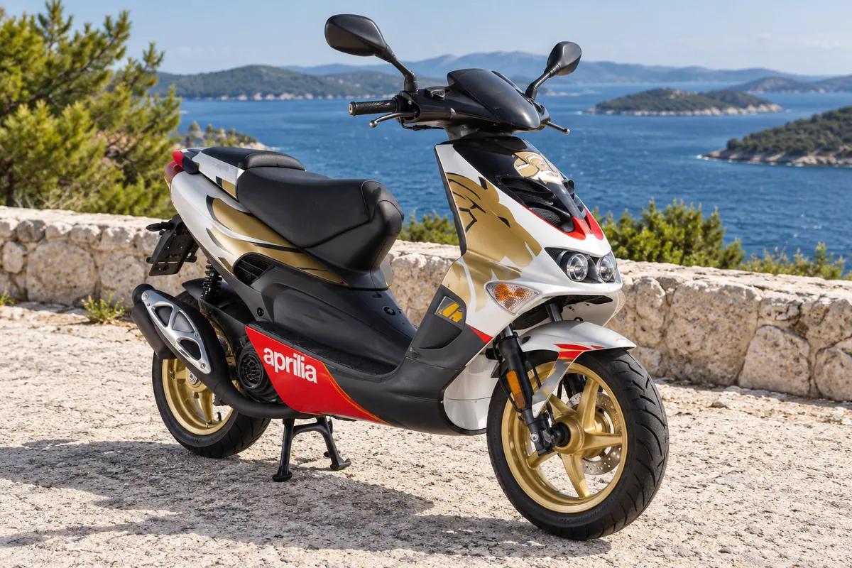 Aprilia SR Ditech scooter by the sea