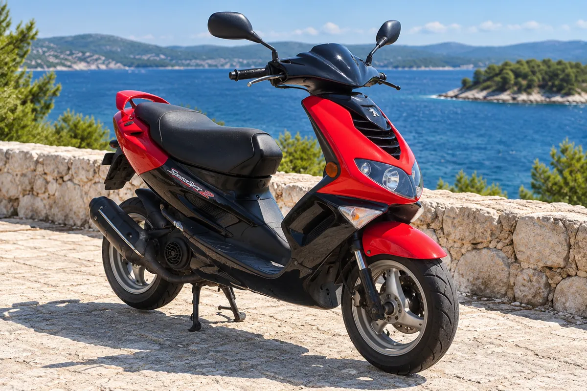 Red Peugeot Speedfight scooter by the sea