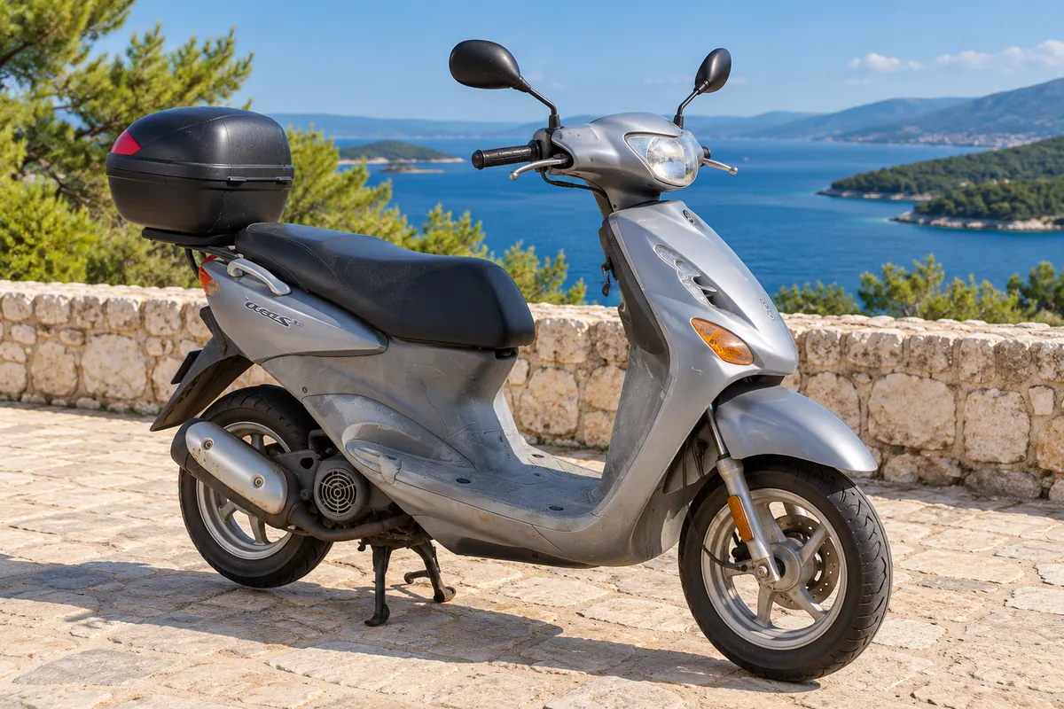 Grey Yamaha Neos scooter by the sea